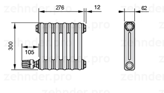 Схема (чертеж) Радиатор Zehnder Charleston 2030/6 №V004 Белый глянцевый RAL 9016
